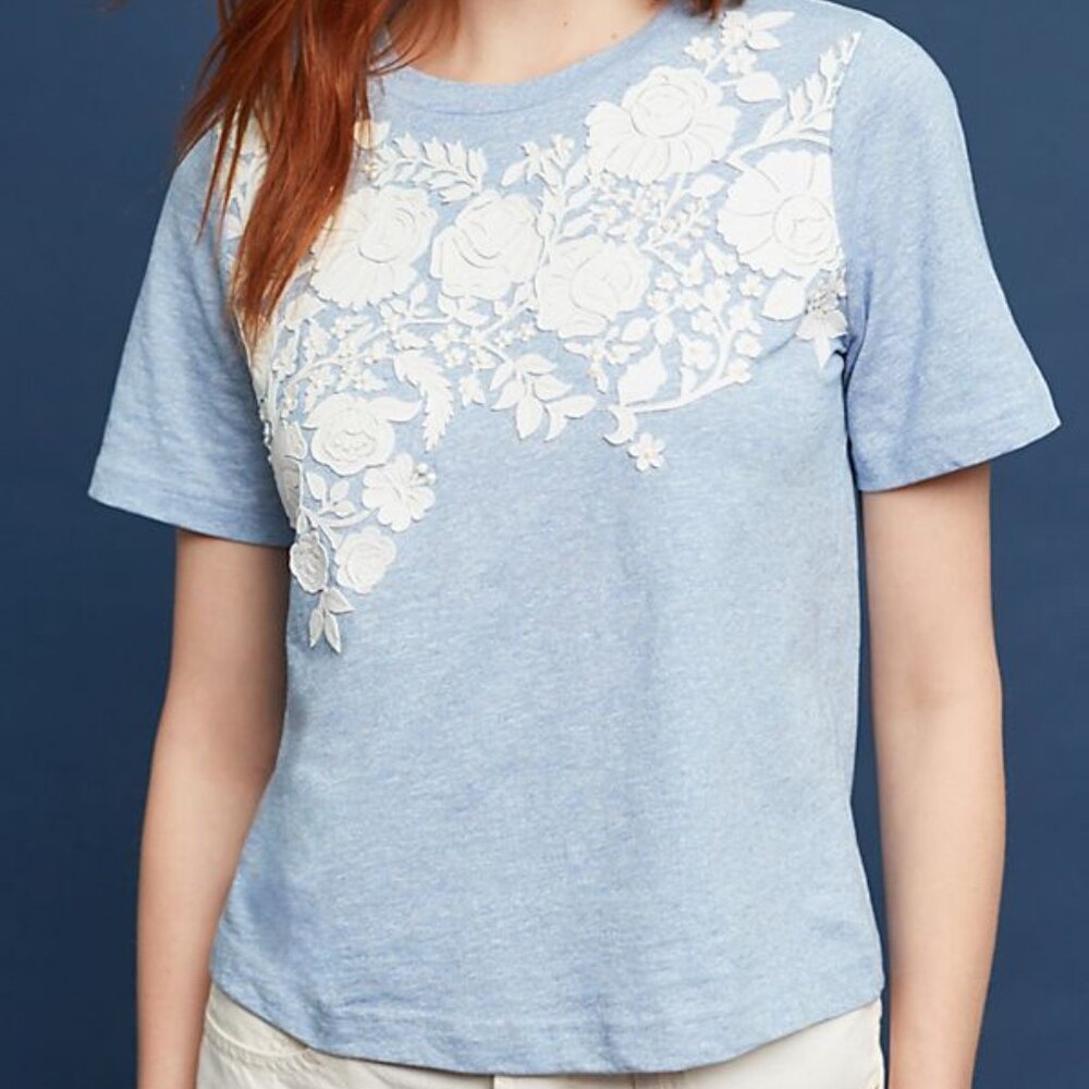 Anthropologie Light Blue Short Sleeve Tee with White Floral Appliqué